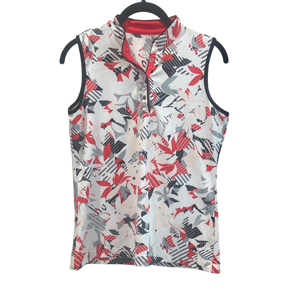 TAIL Women's Sleeveless Golf Polo Shirt‎ Size S Abstact Floral Print Red White